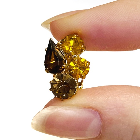 Vintage Gold Brown Tone Rhinestone Clip On Earrings Sparkly Classy Fancy Pretty - Picture 2 of 10